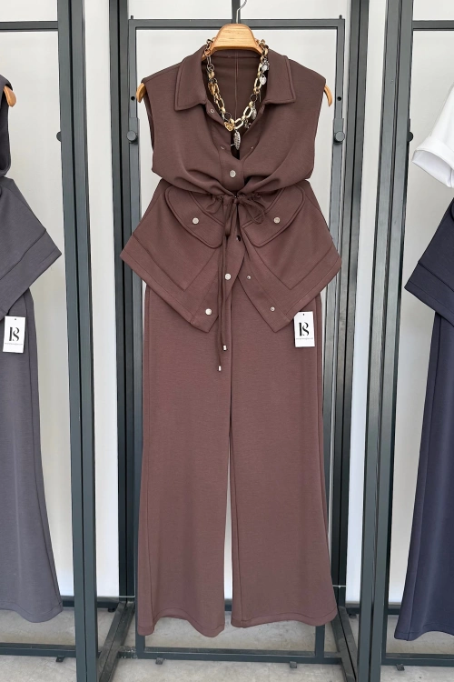 Oysh Çıtçıtlı Yelek Takım Kahverengi