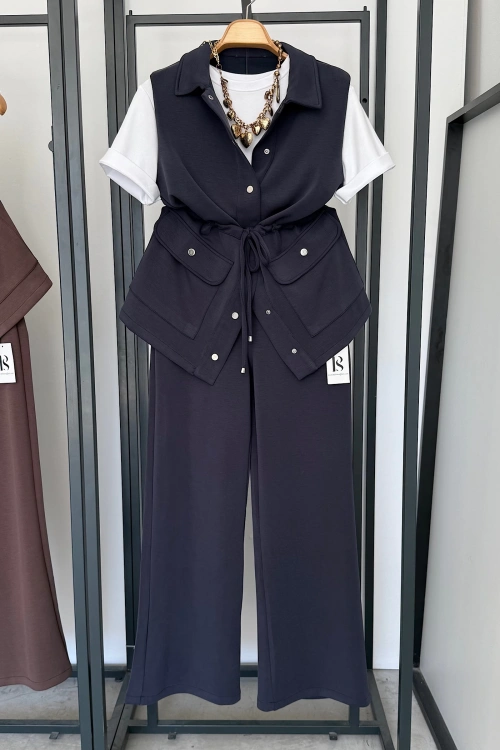 Oysh Çıtçıtlı Yelek Takım Lacivert