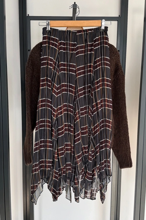 Parçalı Ekose Etek Haki