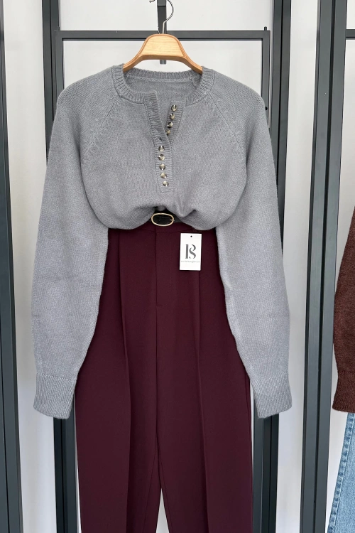 Patlı Düğmeli Kazak Gri