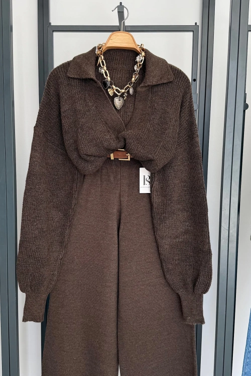 Patlı Yaka Kazak Kahve Melanj