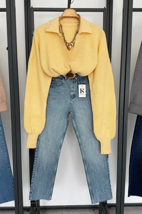 Patlı Yaka Kazak Sarı