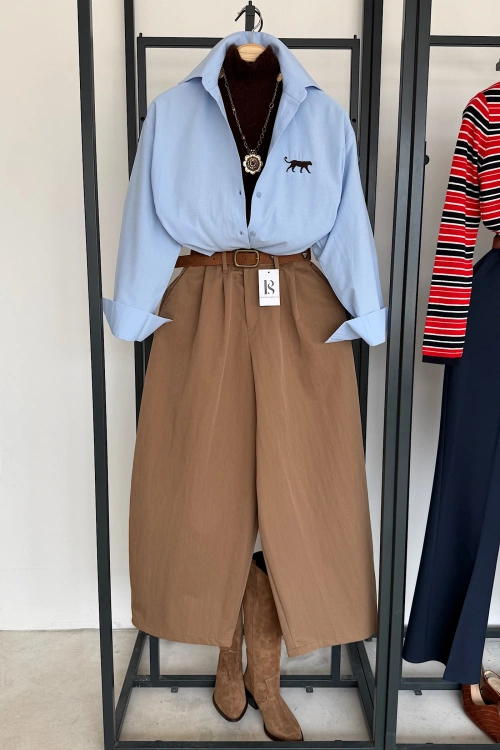 Pileli Bagy Pantolon Camel
