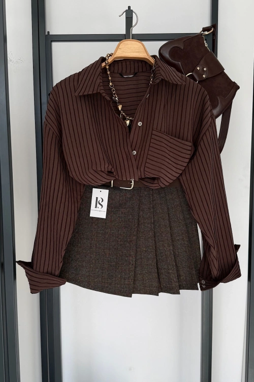 Pileli Kendinden Kemerli Ekose Şort Etek Kahverengi