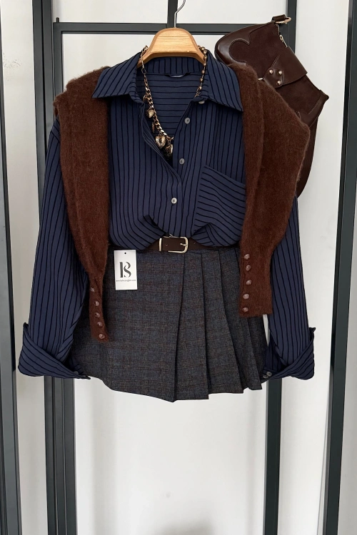 Pileli Kendinden Kemerli Ekose Şort Etek Lacivert