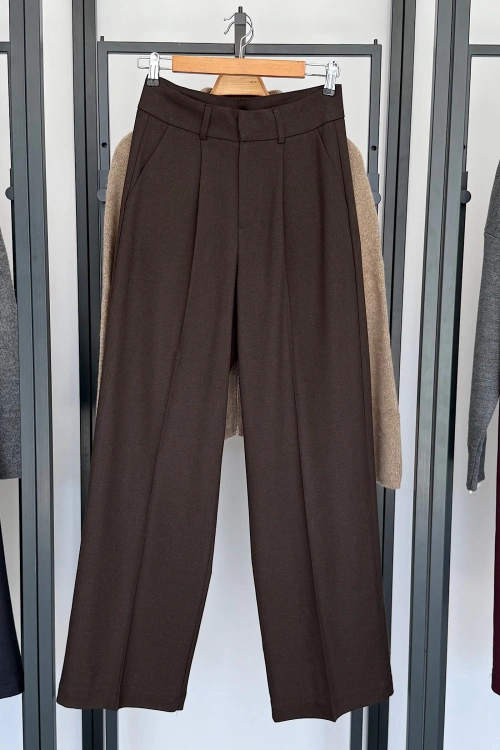 Pileli Palazzo Pantolon Kahverengi