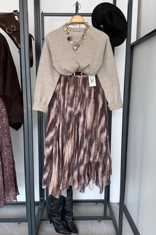 Pislik İsli Asimetrik Kesim İçi Astarlı Etek Kahve-Krem