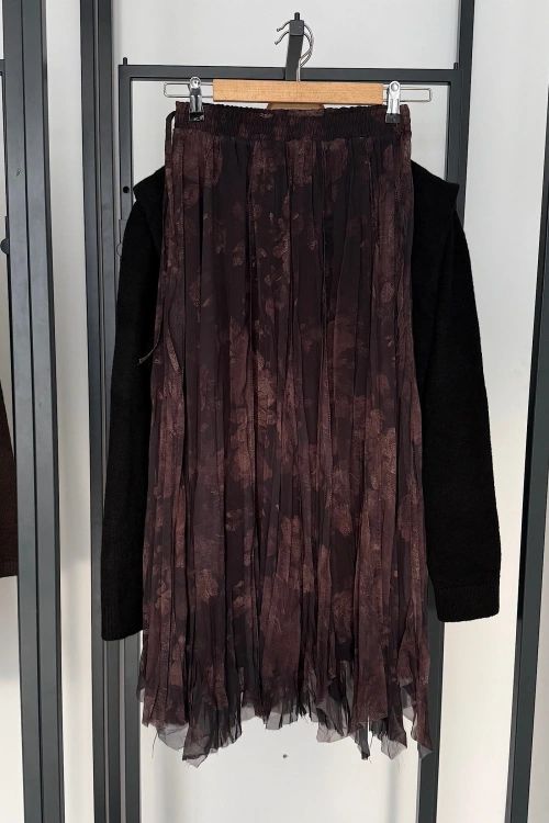 Pislik İsli Asimetrik Kesim İçi Astarlı Etek Kahverengi