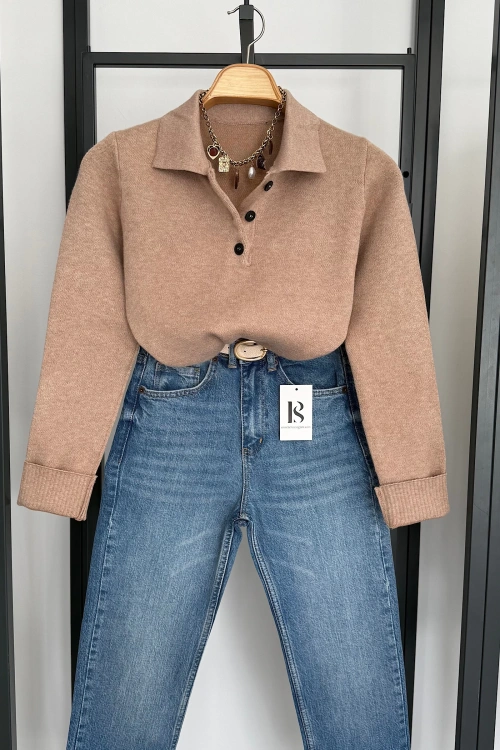 Polo Yaka 3 Düğmeli Kazak Camel