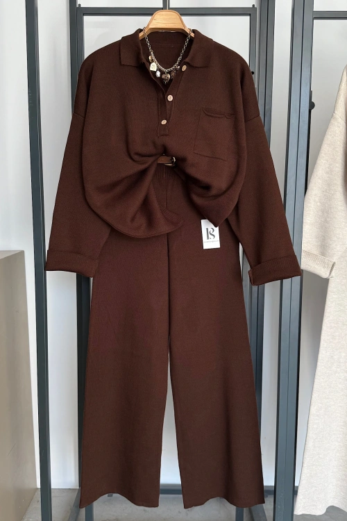 Polo Yaka Cepli Takım Kahverengi