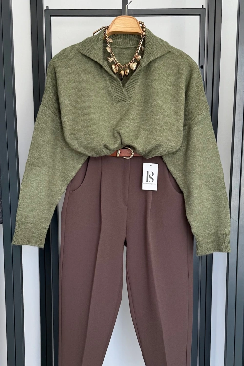 Polo Yaka Düz Kazak Açık Yeşil