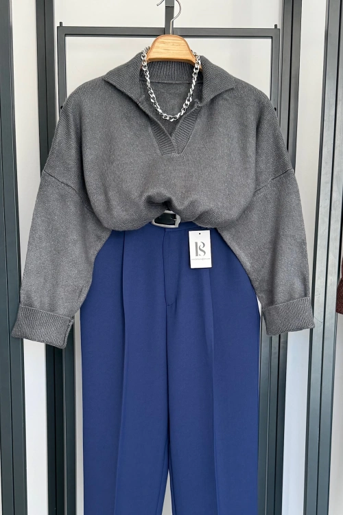 Polo Yaka Düz Kazak Füme