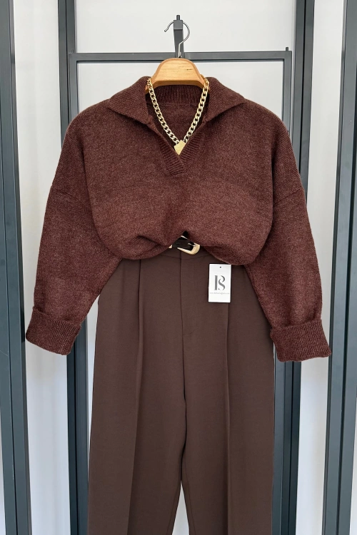 Polo Yaka Düz Kazak Koyu Tarçın