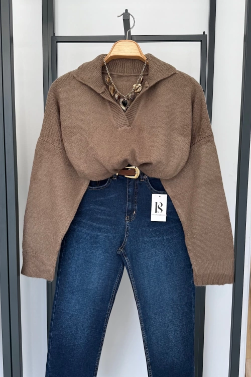 Polo Yaka Düz Kazak Vizon