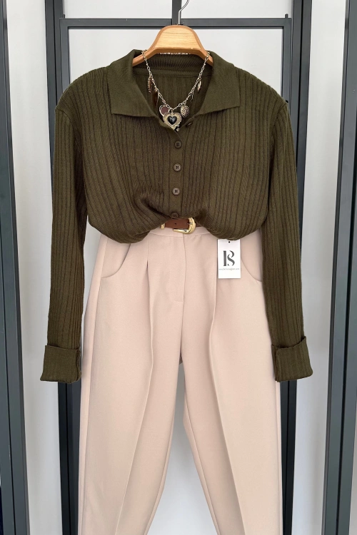 Polo Yaka Hırka Haki