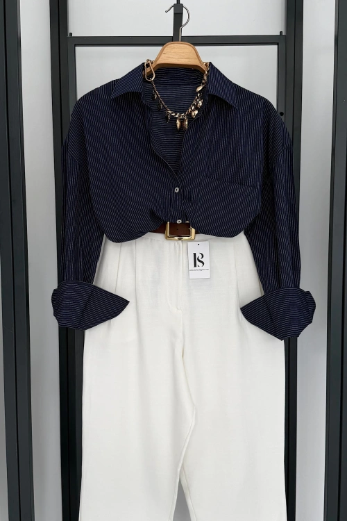 Premıum Cepli Çizgili Gömlek Lacivert