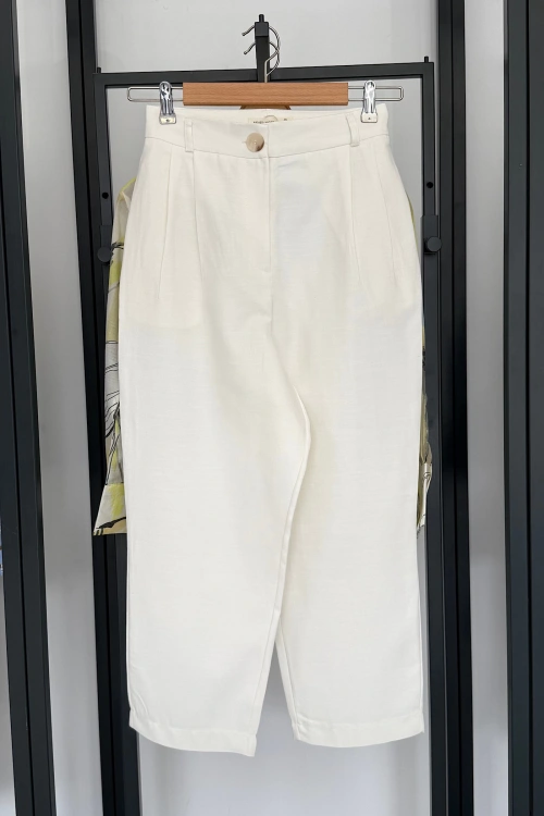 Premıum Çift Pileli Keten Pantolon Krem