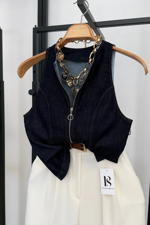 Premıum Fermuarlı Kot Yelek Lacivert