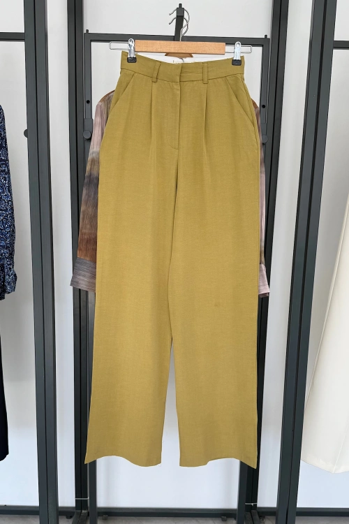 Premıum Keten Palazzo Pantolon Olive