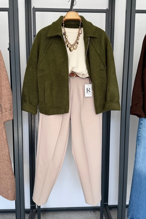 Reglan Kol Süs Cepli Hırka Haki