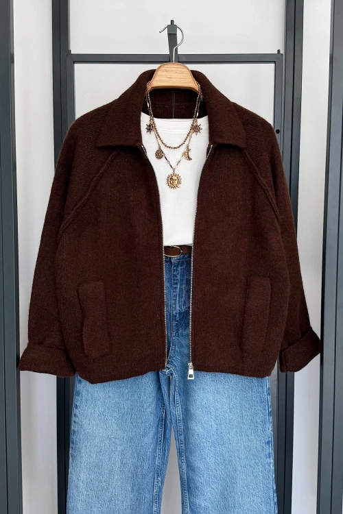 Reglan Kol Süs Cepli Hırka Kahverengi