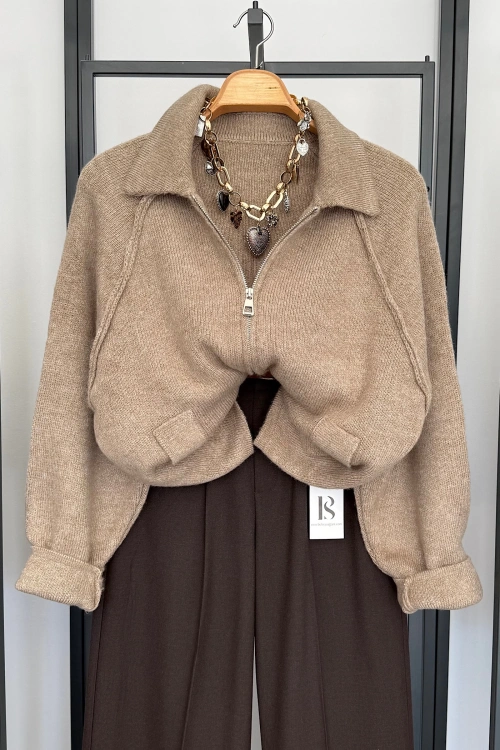 Reglan Kol Süs Cepli Hırka Vizon