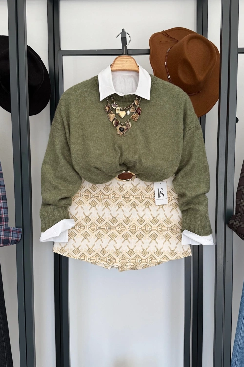 Saç Örgü Detaylı Basic Kazak Yeşil