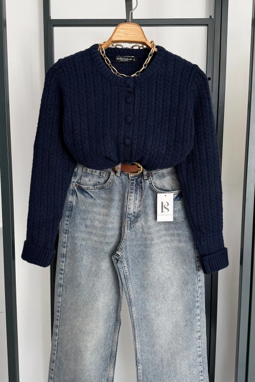 Saç Örgü Hırka Lacivert