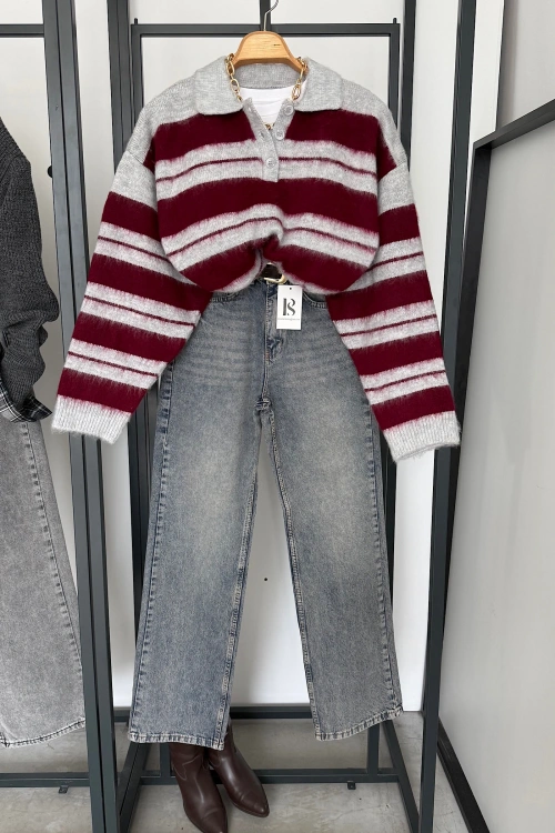 Sakallı Çizgili Kazak Bordo-Gri