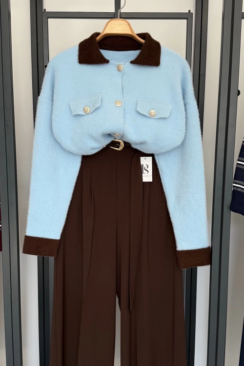 Sakallı Polo Yaka Hırka Mavi