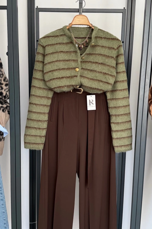 Şardonlu İnce Çizgili Hırka Yeşil-Kahverengi