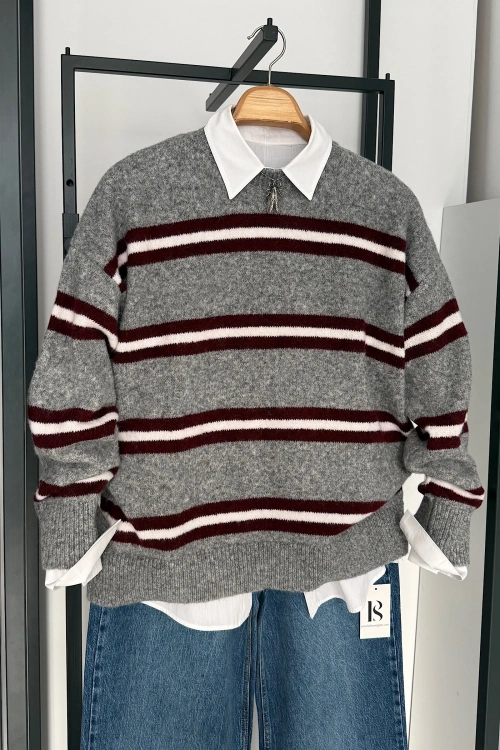 Şerit Geçmeli Kazak Gri-Bordo