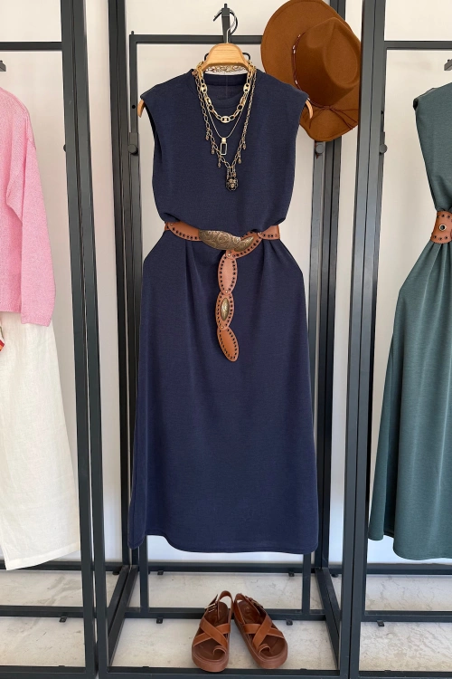 Sıfır Kol Bağcıklı Elbise Lacivert