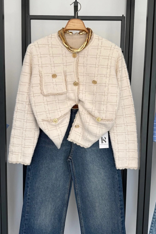 Simli Cepli Hırka Krem