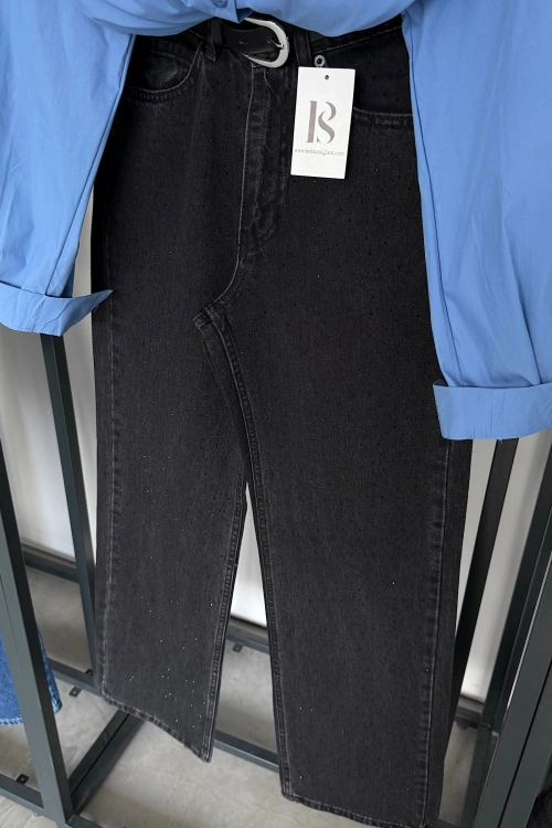 Straight Fit Taşlı Jean Siyah
