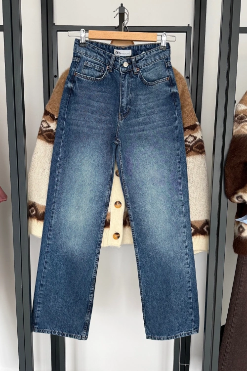 Straight Fit Vintage Görünümlü Jean Koyu Mavi