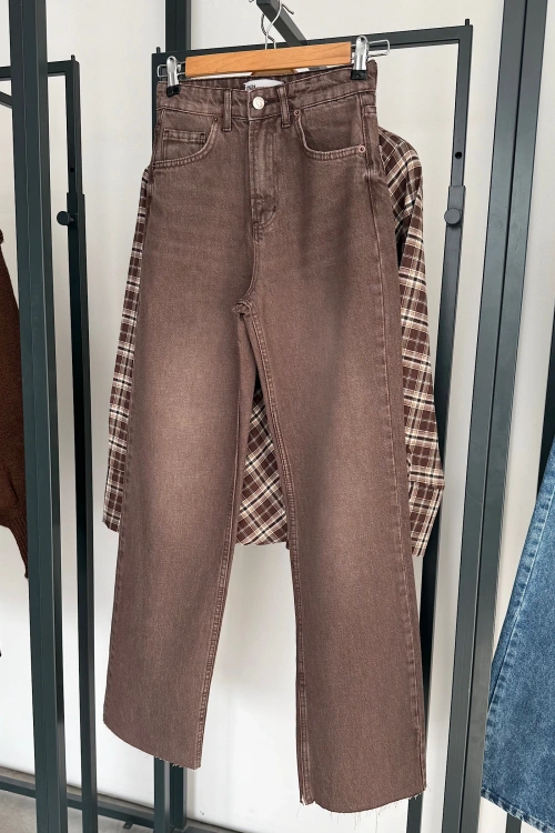 Straight Fit Vintage Görünümlü Kesik Paça Jean Kahverengi