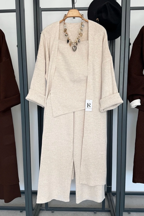 Straplez Hırkalı 3lü Takım Krem