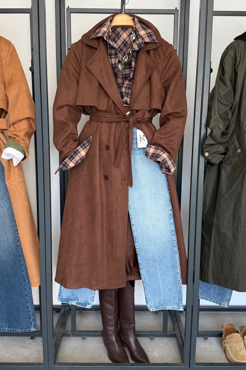 Süet Görünümlü Trench Coat Kahverengi