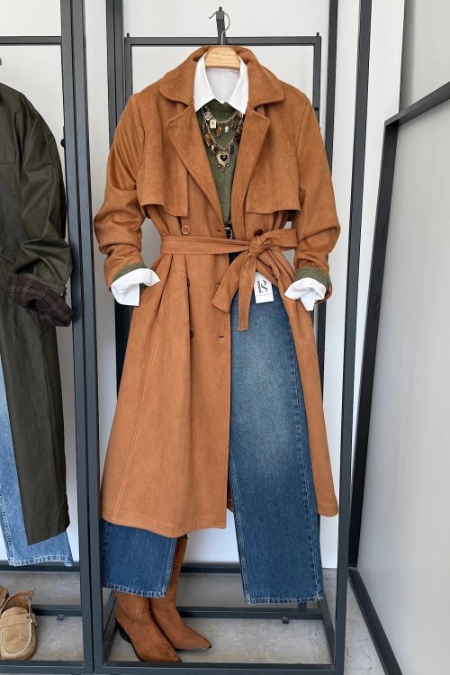 Süet Görünümlü Trench Coat Taba