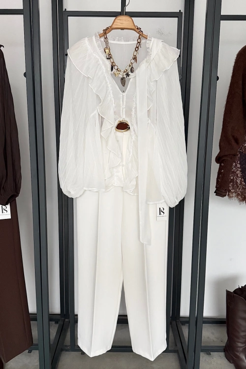 Tasarım Volanlı Bağlama Detaylı Gömlek Beyaz