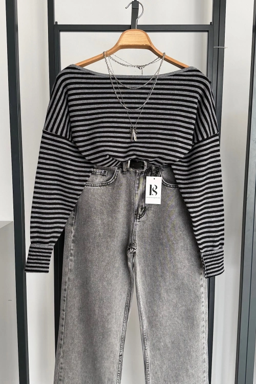 Tek Omzu Açık Çizgili Kazak Koyu Gri-Siyah