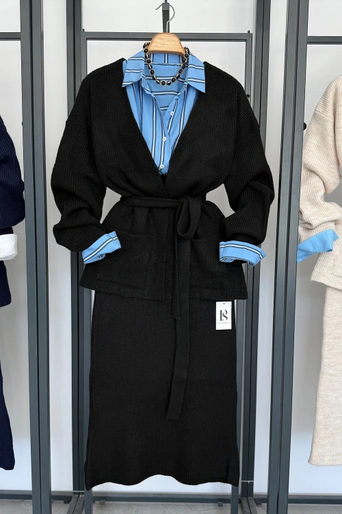 Uzun Etekli Cepli Kemerli Takım Siyah