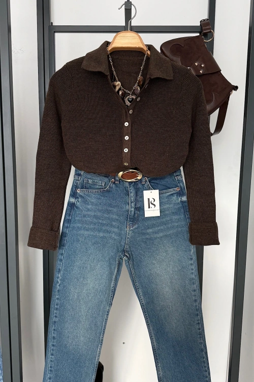 Uzun Kollu Polo Yaka Kazak Kahve Melanj