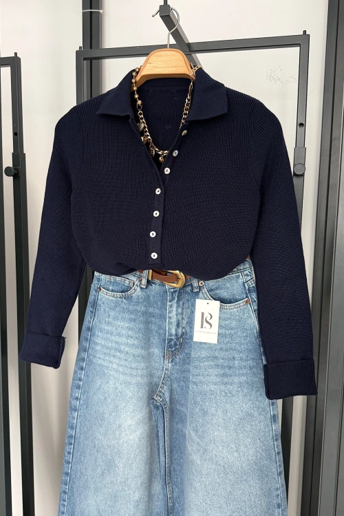 Uzun Kollu Polo Yaka Kazak Lacivert