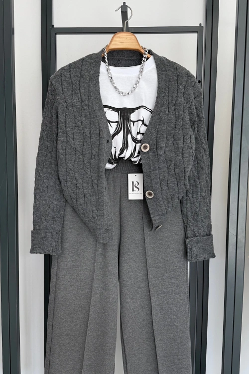 V Yaka 3 Düğmeli Hırka Antrasit