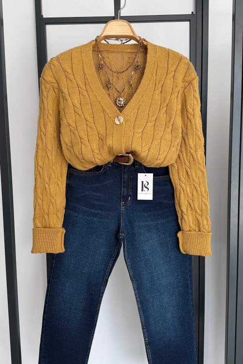 V Yaka 3 Düğmeli Hırka Dore