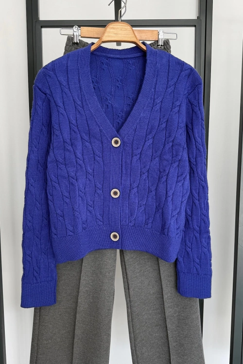 V Yaka 3 Düğmeli Hırka İndigo