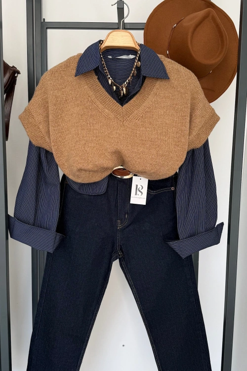 V Yaka Süveter Camel