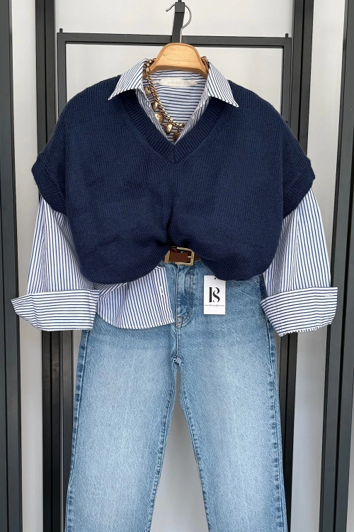 V Yaka Süveter Lacivert